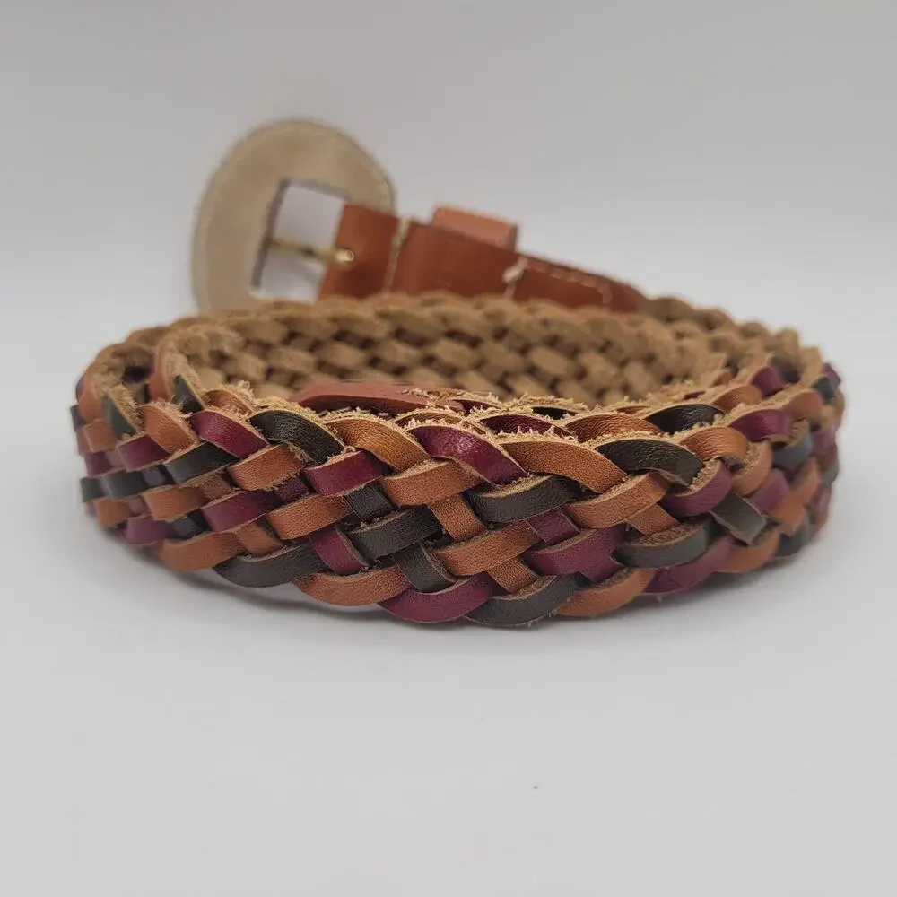 Colorful Brown Leather Belt Med Braided Woven Plaited Boho Multicolor Festival